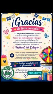 💖🎡 ¡GRACIAS por hacer parte de nuestro Festival COAMISTA! 🎉

Cada aporte, donación y gesto de cariño demuestra el gran corazón ❤️ de nuestra comunidad. Gracias a todos los comerciantes y amigos que apoyaron el juego de la ruleta y ayudaron a llenar nuestro festival de alegría, unión y esperanza 🌟

🙏 Su solidaridad fortalece nuestra familia educativa y nos inspira a seguir creciendo juntos.
💚 ¡Dios bendiga su generosidad!

#coamsocorro #coam #colegioAvelinaMoreno #SocorroSantander #FamiliaCoamista Educacion Escuela Comunidad Festival GraciasTotales �
Atención Selectiva +1